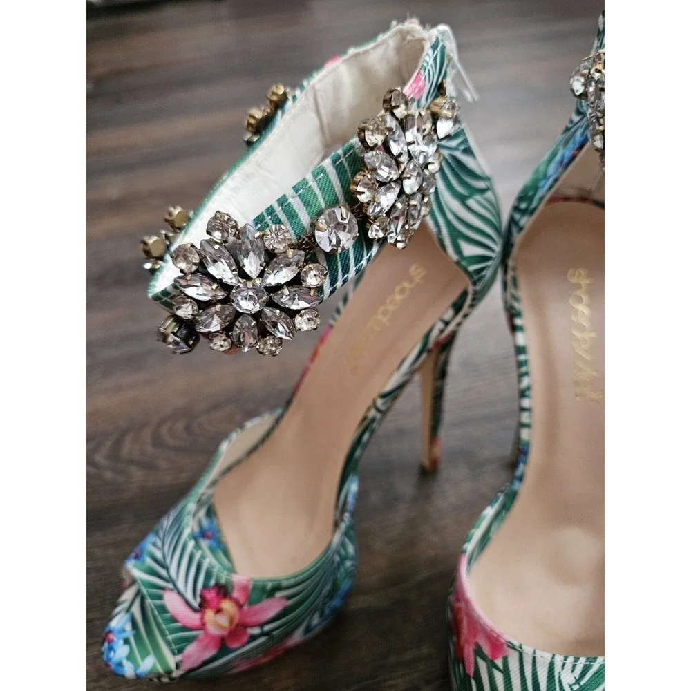 ShoeDazzle Platform Heels Womens‎ 6.5 Green Nayana Floral Crystal Embellished